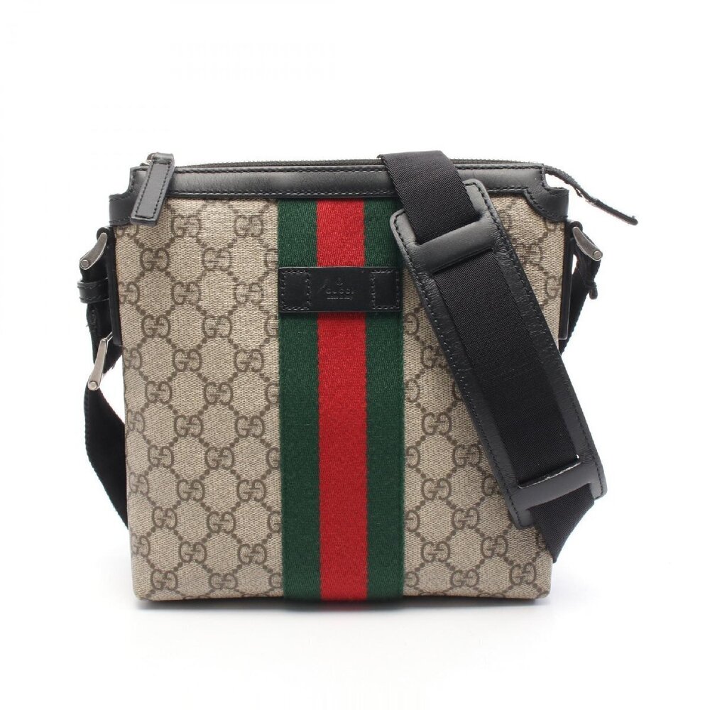 Gucci GG Supreme Web Stripe Flat Messenger Shoulder Bag Canvas Beige